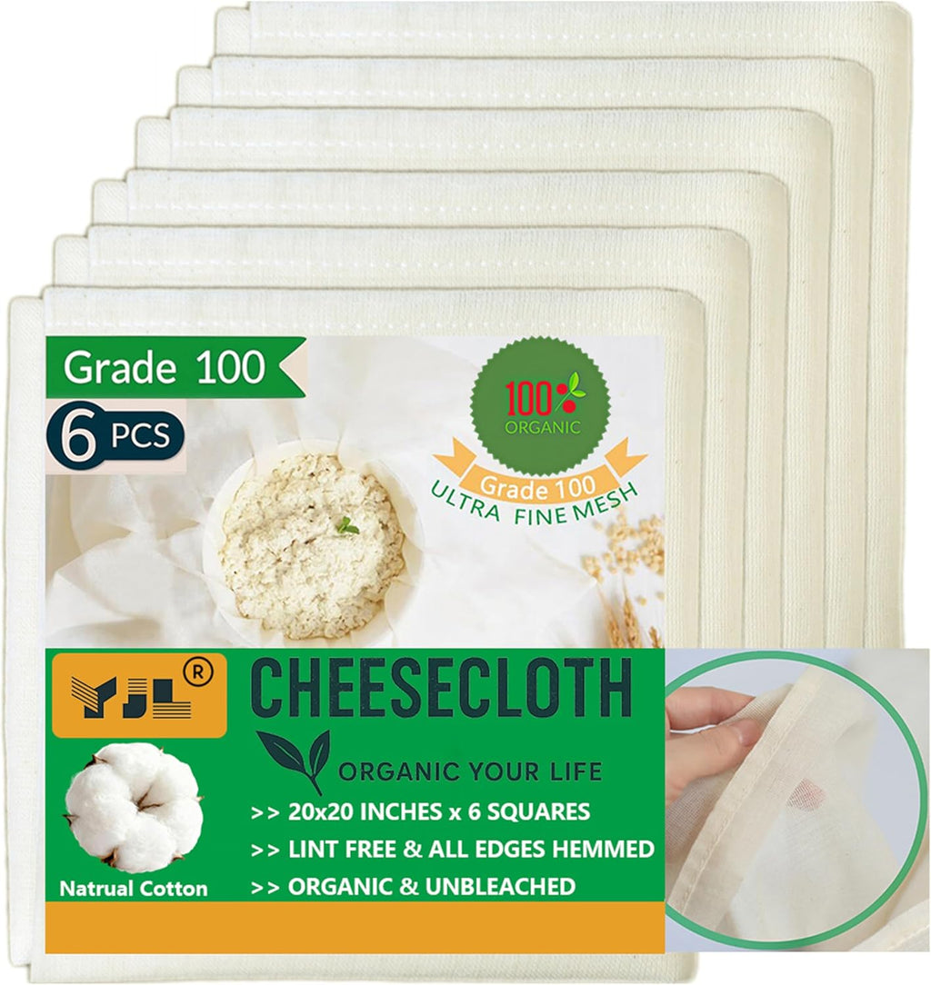 Skiennix Organic Cheese Cloths - Grade 100 Extra Fine Mesh, 20x20 Inch, 6 Pack, 100% Unbleached Cotton