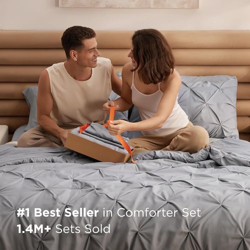 Bedsure Queen Comforter Set - 7-Piece Grey Pintuck Bedding | All-Season Comforter with Sheets & Pillowcases