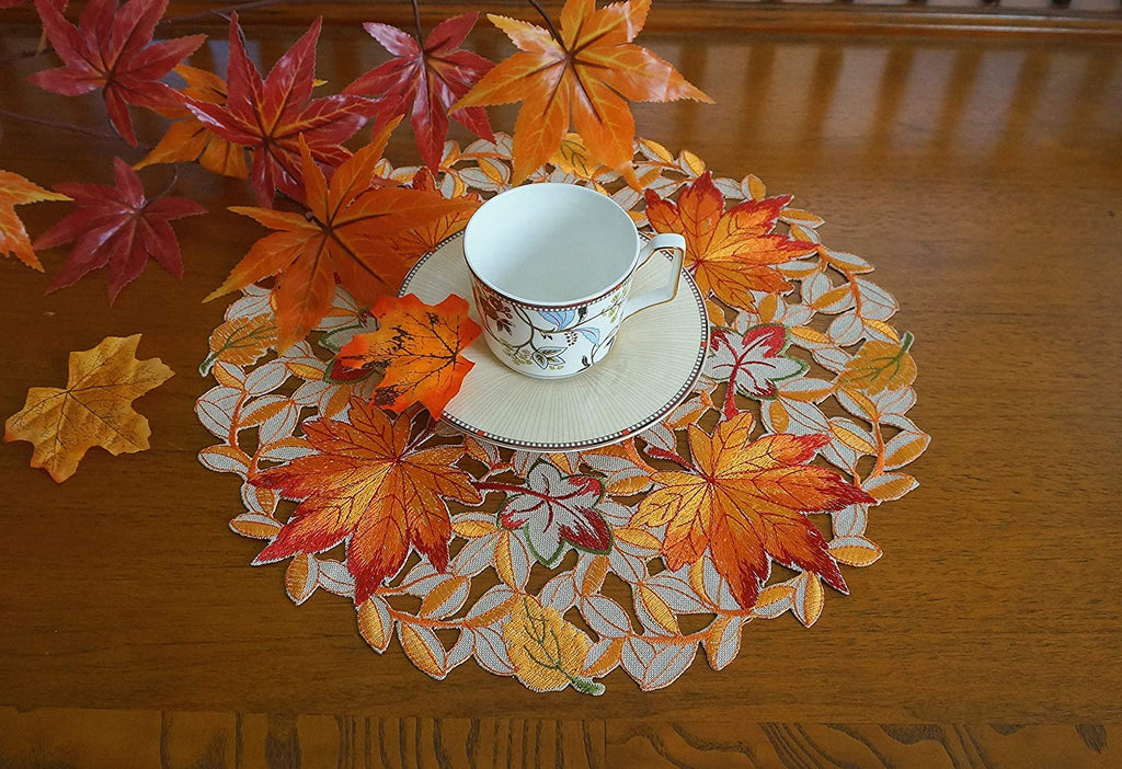 GRANDDECO Thanksgiving Harvest Table Runner Embroidered Cutwork Maple Leaves Dresser Scarf Table Cover Autumn Or Fall Decorations (Placemat 14" Set of 2)