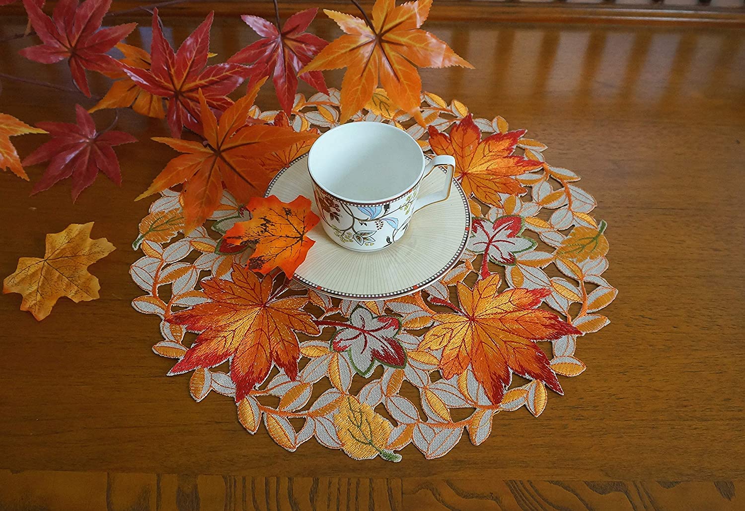 GRANDDECO Thanksgiving Harvest Table Runner Embroidered Cutwork Maple Leaves Dresser Scarf Table Cover Autumn Or Fall Decorations (Placemat 14" Set of 2)