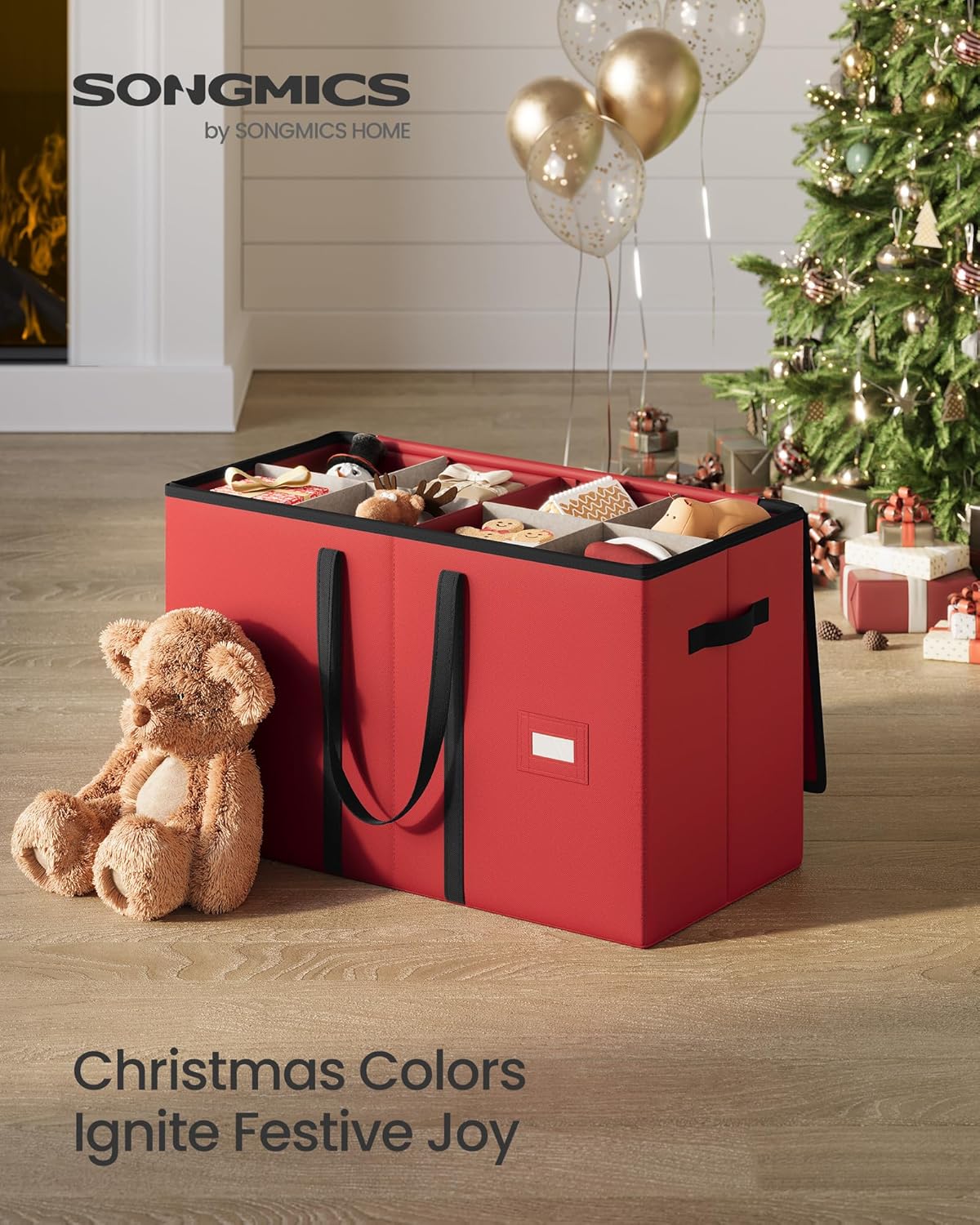 SONGMICS Christmas Figurine Storage Box - Holiday Decor Organizer for 15-Inch Figurines | Adjustable Dividers, 8 Slots, Cherry Red