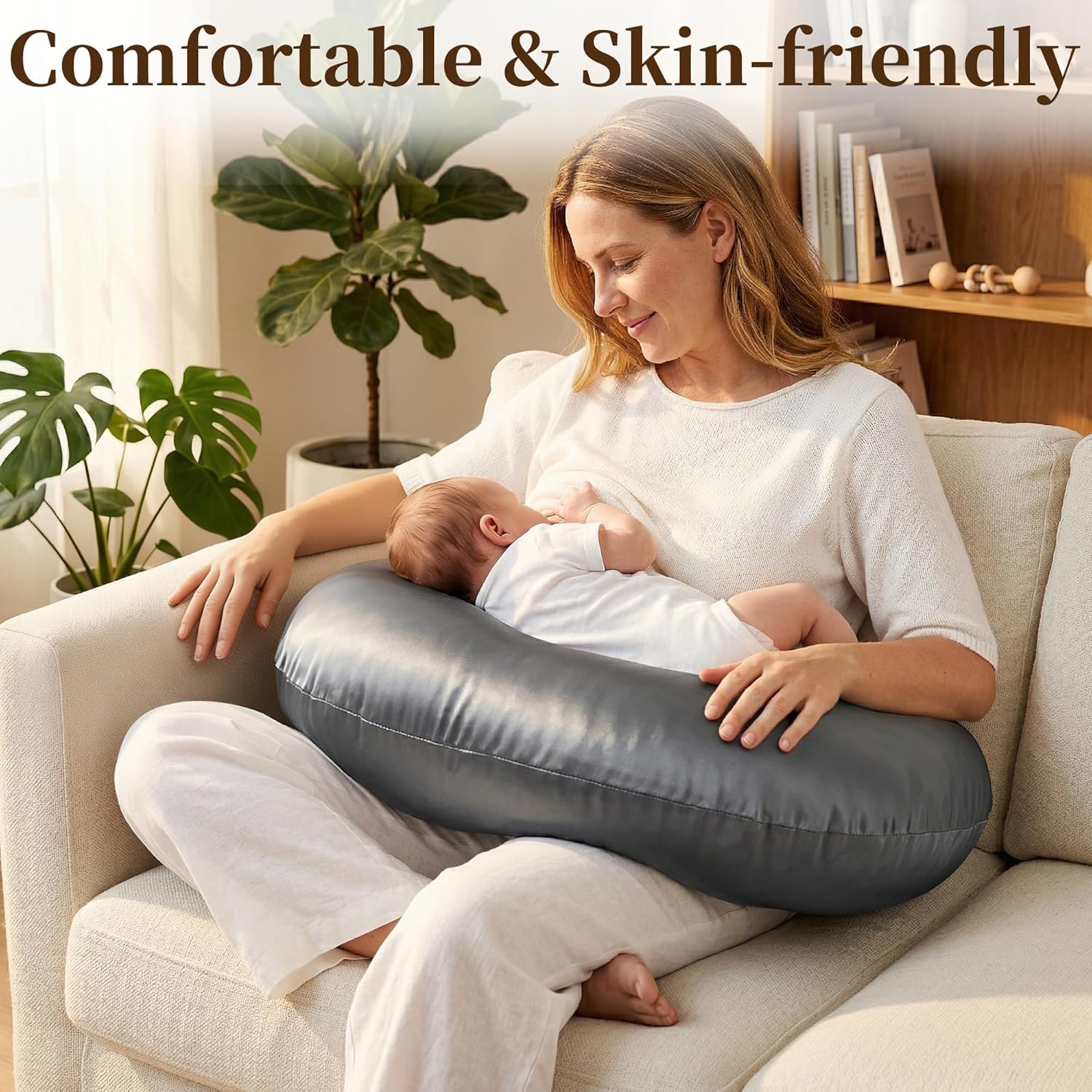 Pro Goleem Satin Nursing Pillow Cover - Soft Silk Feeding Slipcover for Standard Pillows | Gray & White 2-Pack