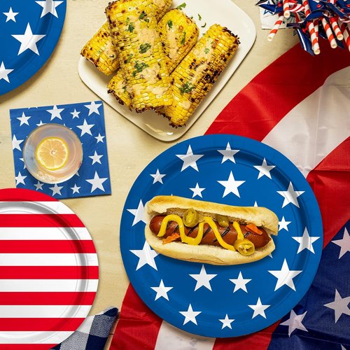 American Flag Party Supplies - Disposable Dinner & Dessert Paper Plates | Napkins for 50 Guests