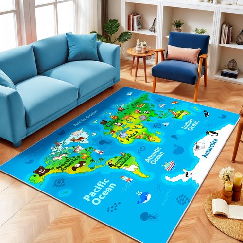 OHDS Kids Playroom Rug, 4x5ft World Map Play Mat with Cute Animals, Washable Durable Soft Carpet Kid Educational Rugs for Boys Girls Bedroom Nursery Classroom