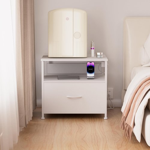 Unionly180 lb Mini Fridge Table with Drawer Fridge Shelf, Mini Fridge Cabinet with Storage,Heavy Duty Fridge Standwith Charging Station, 4 Adjustable Feet for Home Kitchen (White)