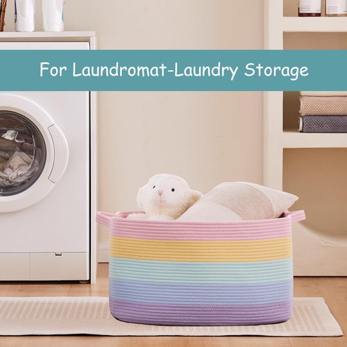 MOJOSCEND Extra Large Storage Basket for Girls Kids 22"x16"x12" Rainbow Toy Box for Girls Blanket Basket for Living Room Woven Storage Box for Cloth -70L