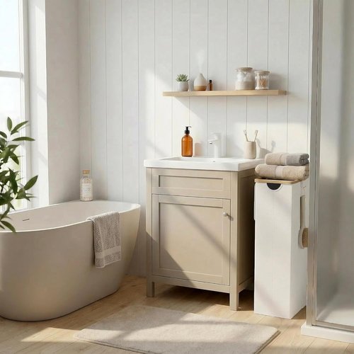 Efluky Slim Laundry Basket - Narrow Hamper with Lid & Removable Bag - 75L Beige for Bathroom & Bedroom