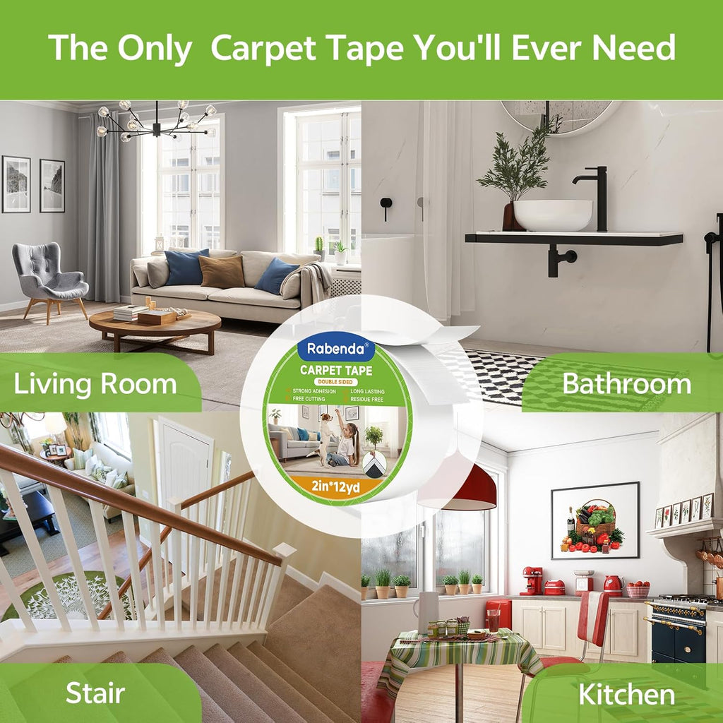 Rabenda Double-Sided Carpet Tape - 2 Inch x 12 Yards Removable Rug Tape for Hardwood & Tile Floors - Strong Hold, No Residue