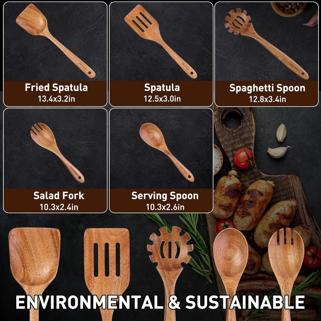 Skiennix Wooden Cooking Spoons - 5-Piece Natural Solid Wood Utensil Set | Includes Salad Spoons, Strainer, Fork & Spatula