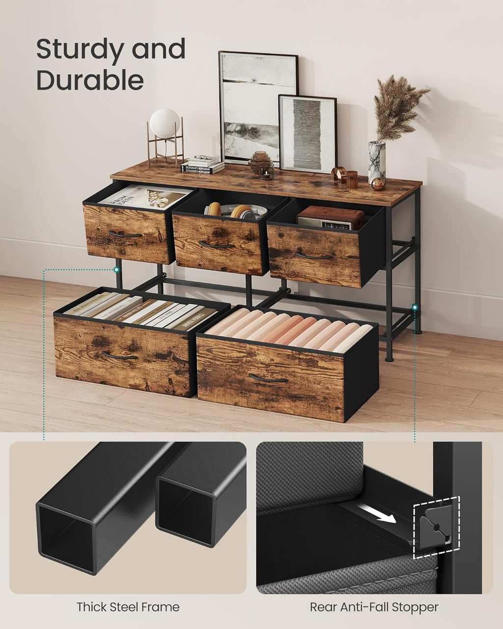 SONGMICS Dresser - 5-Drawer Chest of Drawers for Bedroom Storage | Rustic Brown & Ink Black