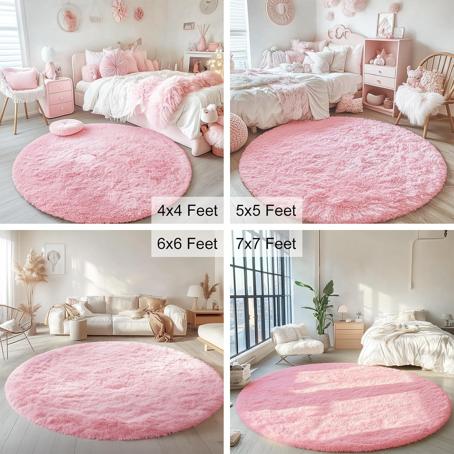 OLANLY Pink Round Area Rug - Soft, Fluffy, Machine Washable 5 ft Circle Carpet for Bedroom & Nursery Decor