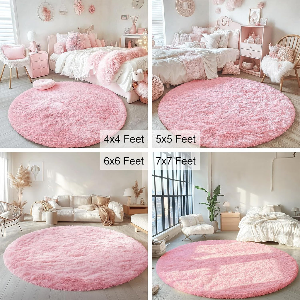 OLANLY Pink Round Area Rug - Soft, Fluffy, Machine Washable 8 ft Circle Carpet for Bedroom & Nursery Decor