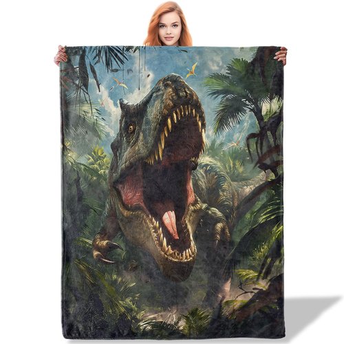 Plistiz Dinosaur Pattern Throw Blanket 50"x60", Adventure Lover Blankets for Living Room Decor, Soft Flannel Polyester Dinosaur Gifts for Boys Kids