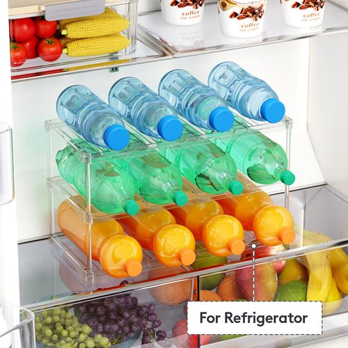Lifewit Stackable Bottle Storage Organizer, Clear Freestanding Wine Holder for Cabinet, Large Slot Water Bottle Tumbler Cup Organizer for Pantry, Plastic Wine Rack for Fridge Cellar, 3Tier Hold 12