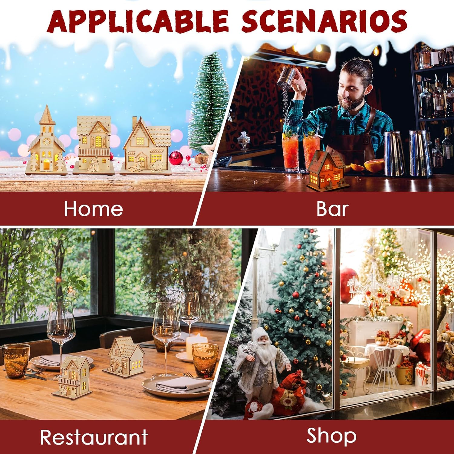 NUOBESTY Christmas Village Ornaments - 3pcs LED Luminous Wooden Houses | Festive Light Brown Decor