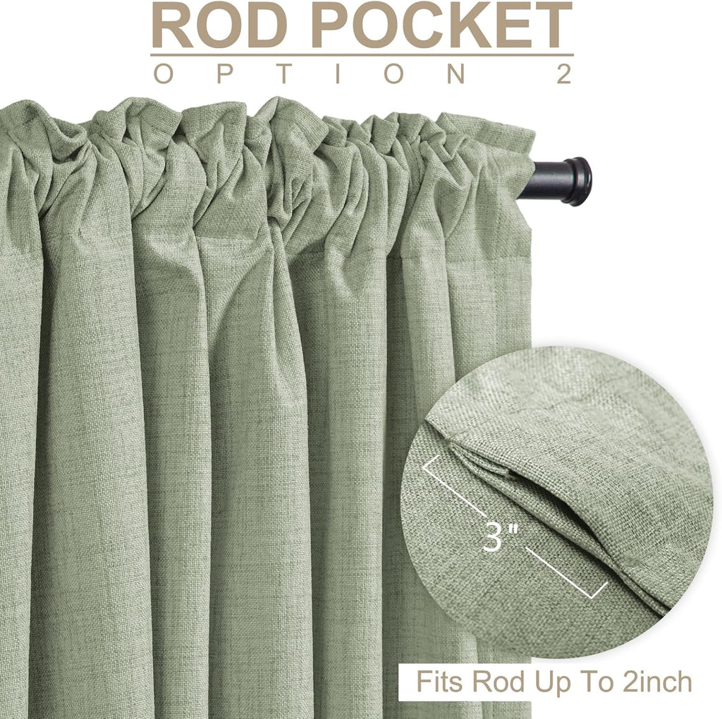 Skiennix 100% Blackout Linen Curtains - Thermal Insulated Drapes for Bedroom | 50" W x 96" L, Sage Green