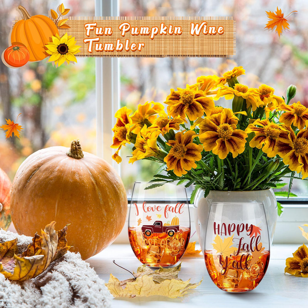 Umigy 4 Pcs 17oz Fall Stemless Wine Glasses Hello Thanksgiving Autumn Decorations Pumpkin Spice Tumbler Harvest Tumbler Cups Kitchen Friendsgiving Gifts for Sisters, Friends, Colleagues