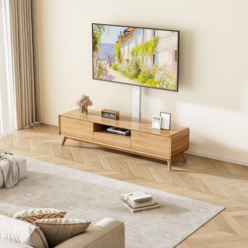 ECOTINY Ultra Slim Floor TV Stand for 37–86 Inch TVs, Modern Curved Base with Shelf, Adjustable Height & Tilt, Space-Saving Design with Cable Management, Fits VESA 600x400mm, White