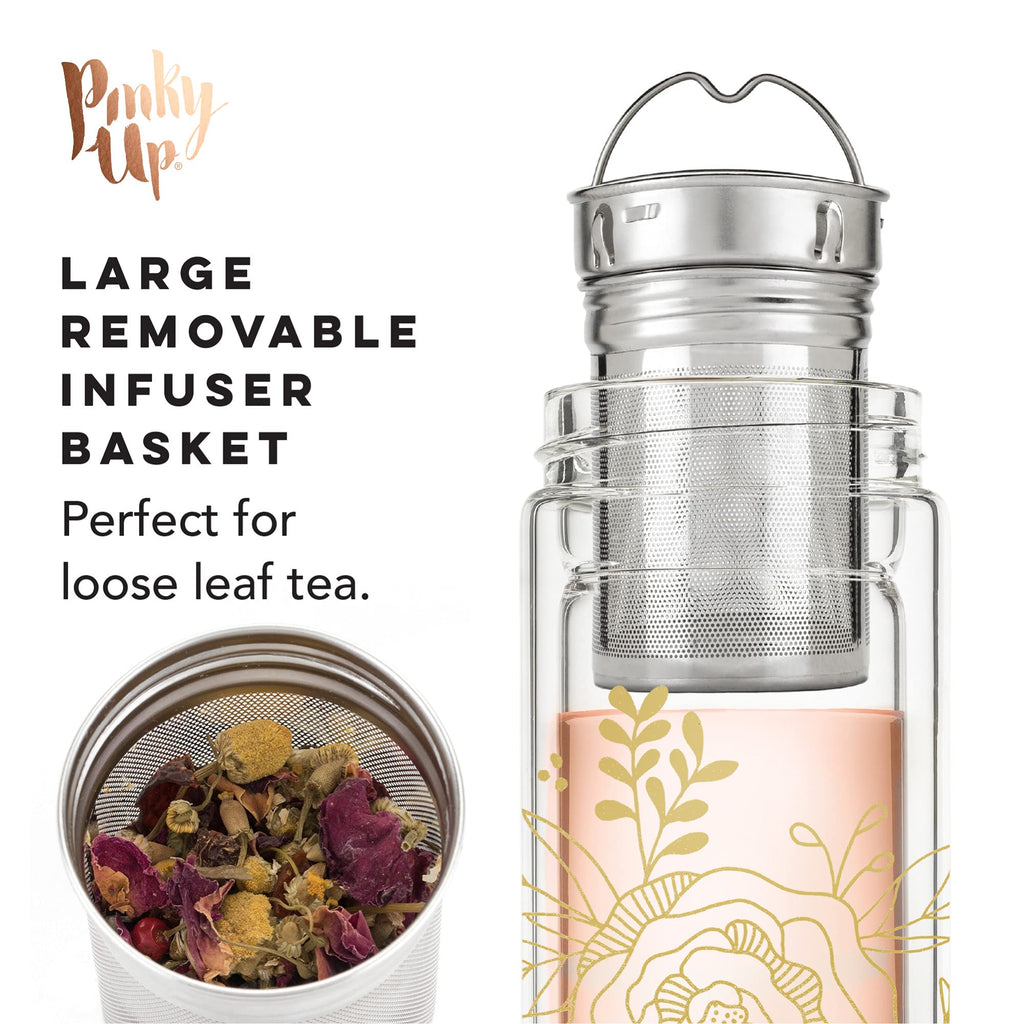 Pinky Up Blair Travel Infuser Mug, Double-Walled Glass, Stainless Steel Strainer, 16 Oz, Bouquet