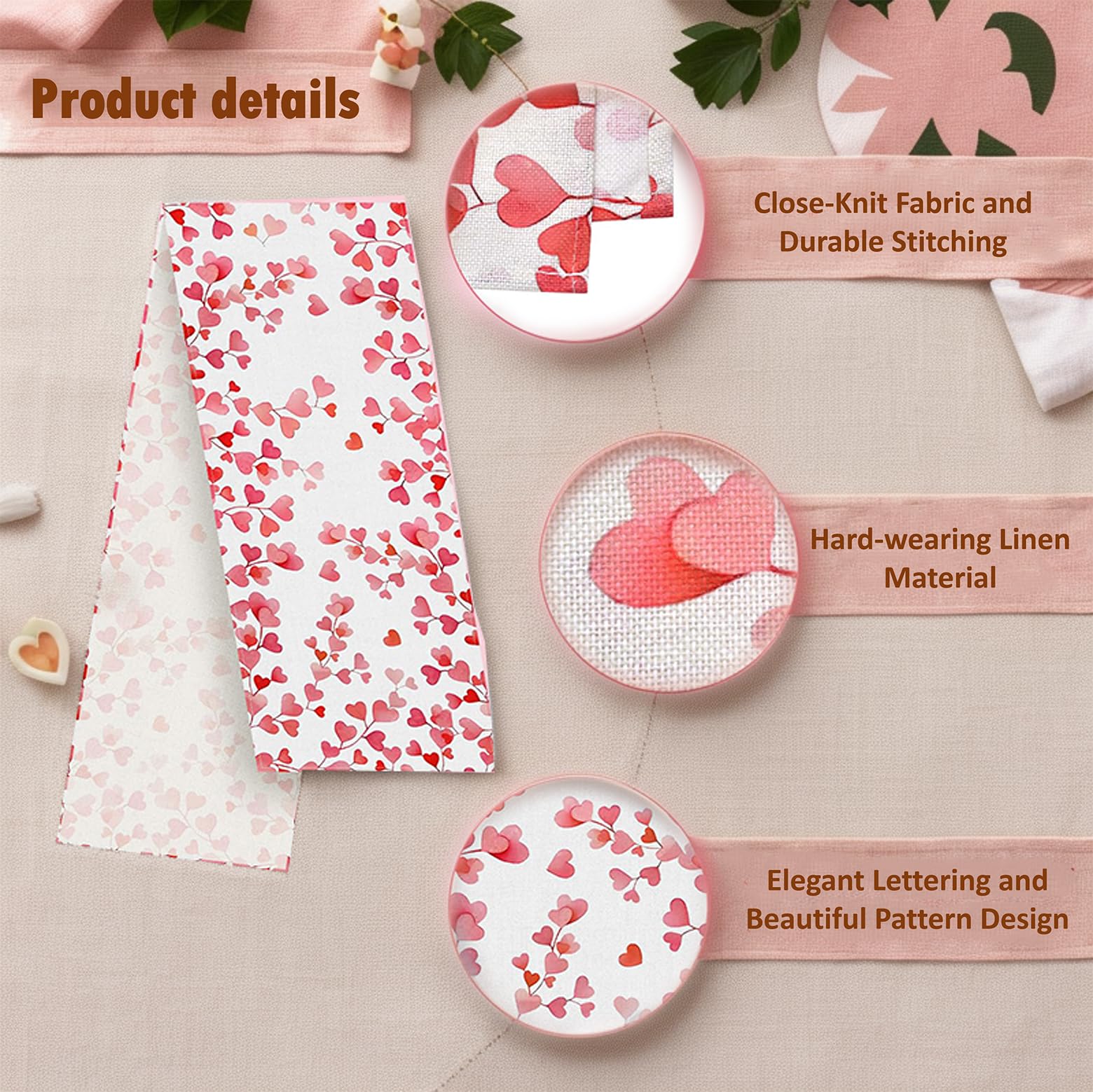 Pink Love Valentine Table Runner 13x72 Inch, Heart Pattern Decor for Dining Table, Kitchen, Anniversary, Wedding, and Party Decorations