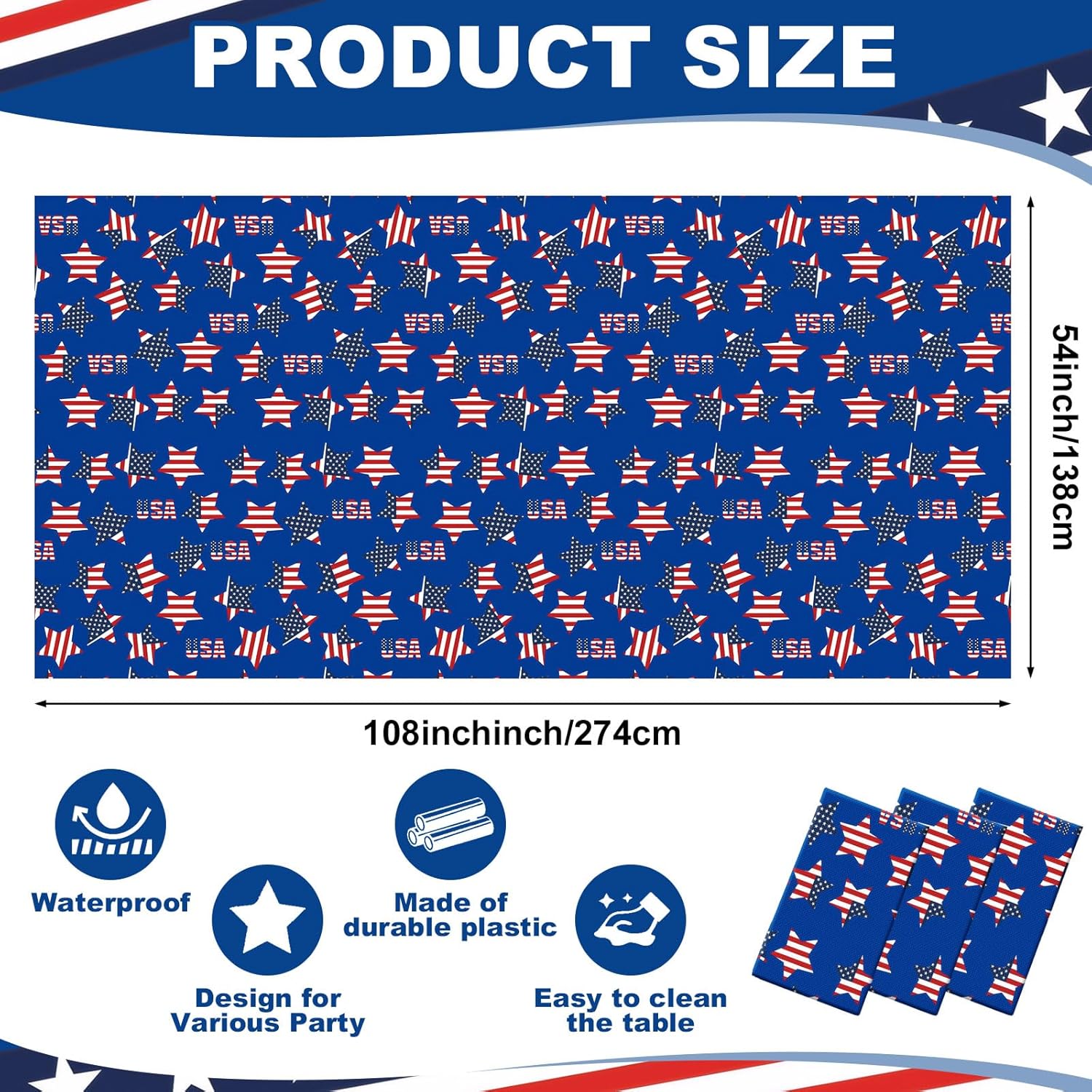 Oudain Patriotic Tablecloth Set - USA Flag Design | 54 x 108 Inch Disposable Rectangle for 4th of July Celebrations