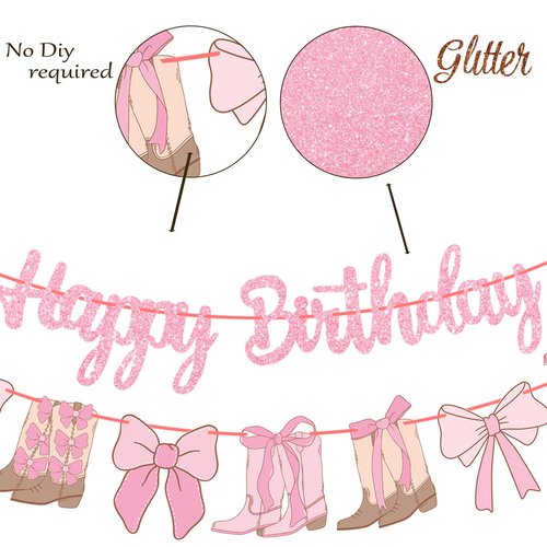 Coquette Cowgirl Birthday Banners Western Cowgirls Decorations 3PCS Boots and Bows Banner Glitter Pink Coquette Bows Birthday Decor for Girls Western Theme Baby Shower Supplies