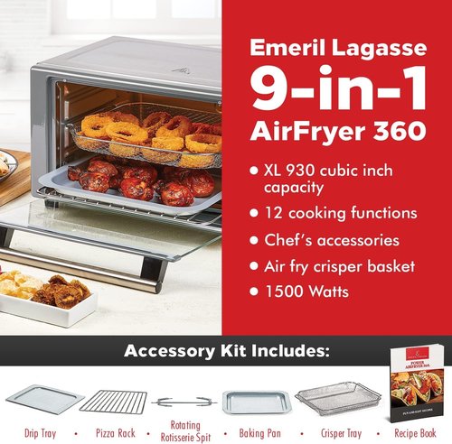 Emeril Lagasse 360 Stainless Steel Air Fryer - XL Capacity with 12 Cooking Functions & 360° Quick Cook Technology