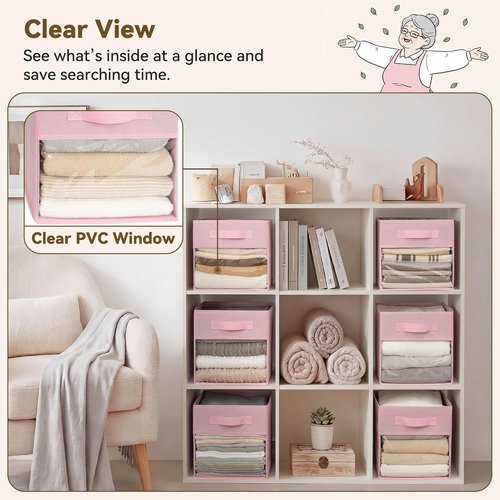Granny Says Cube Storage Bins - 11 Inch Collapsible Fabric Organizers with Clear Window - Pink 6-Pack