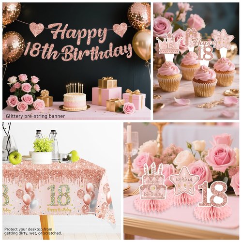 193pcs Rose Gold 18th Birthday Decorations for Girls with Tableware Set, Banner, Hanging, Tablecloth, Cupcake Topper, Centerpieces, Balloon, for Happy 18 Years Birthday Party, Serves 25
