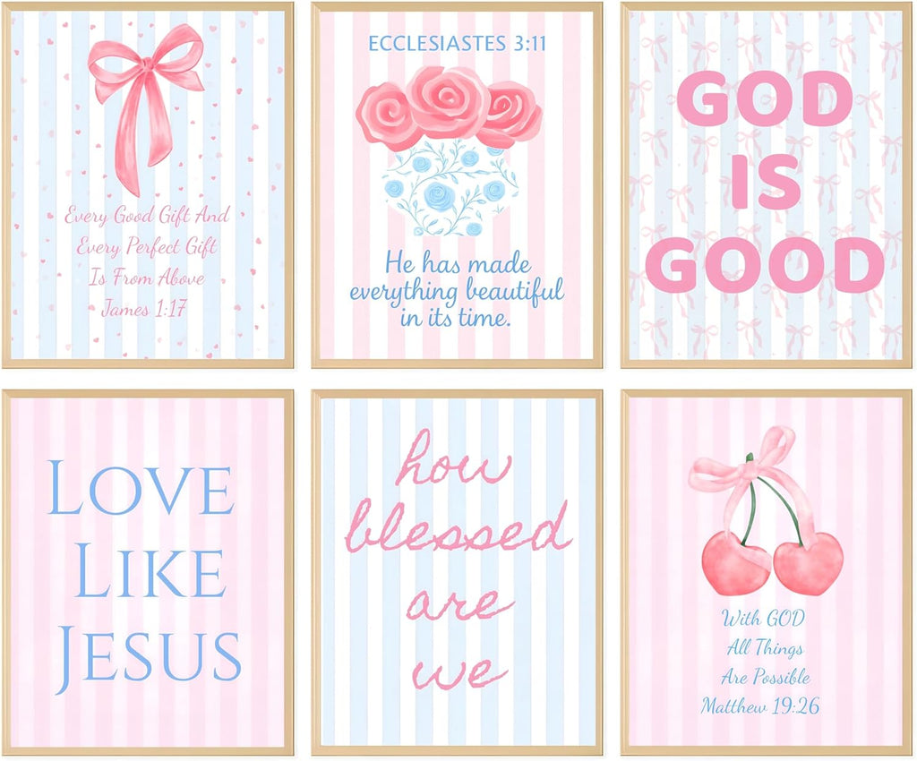 Coquette Bow Wall Art Decor - Inspirational Christian Posters for Teens | Set of 6, 8 x 10 Inch (Unframed)