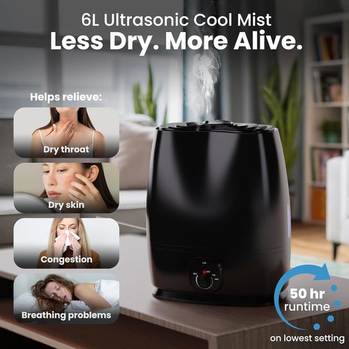 Everlasting Comfort 6L Humidifier - Quiet 50HR Runtime | No-Filter Cool Mist for Large Rooms, Nursery & Allergies