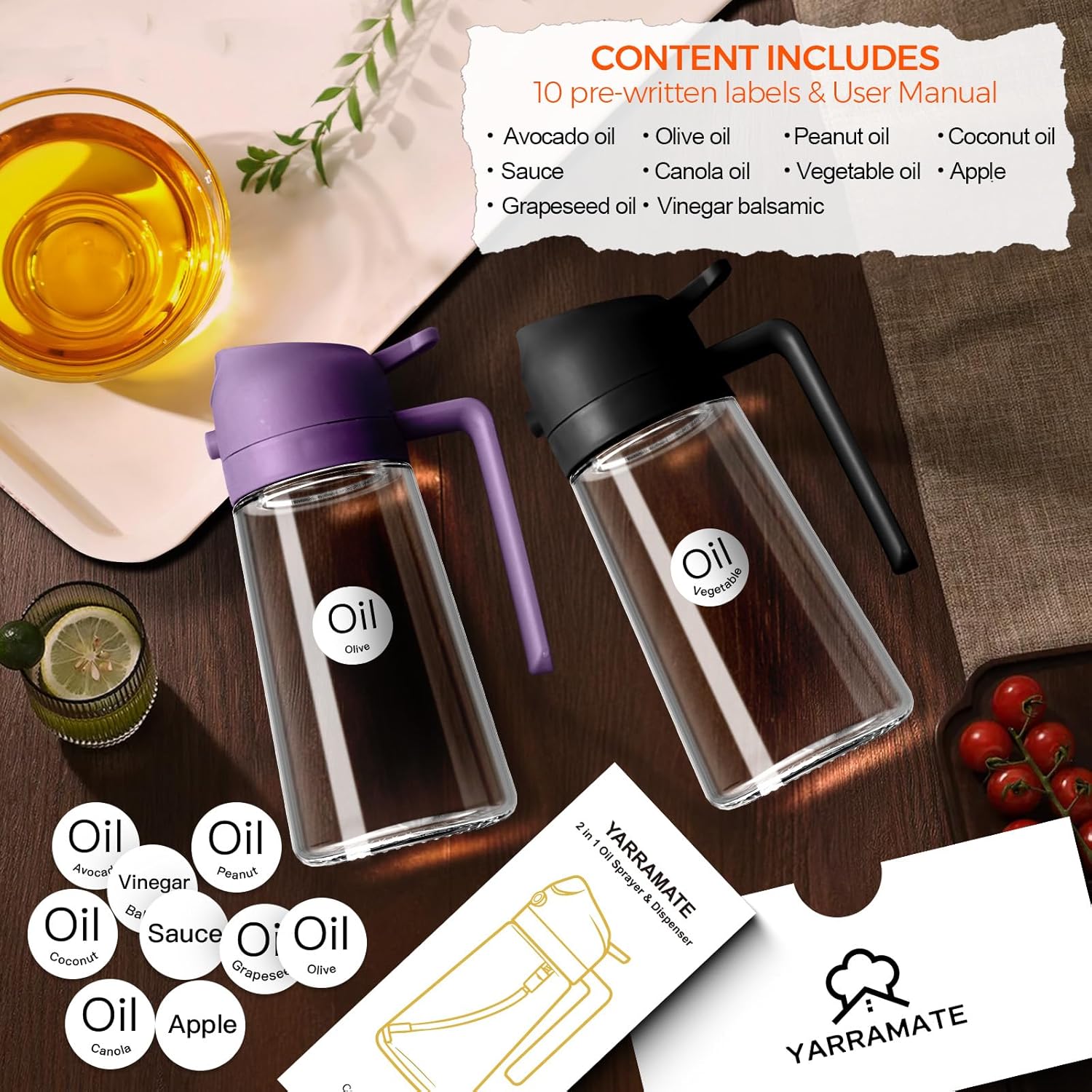 YARRAMATE Glass Olive Oil Sprayer - 16oz Food Grade Premium Spray Bottle for Cooking | 2-in-1 Dispenser (Purple)