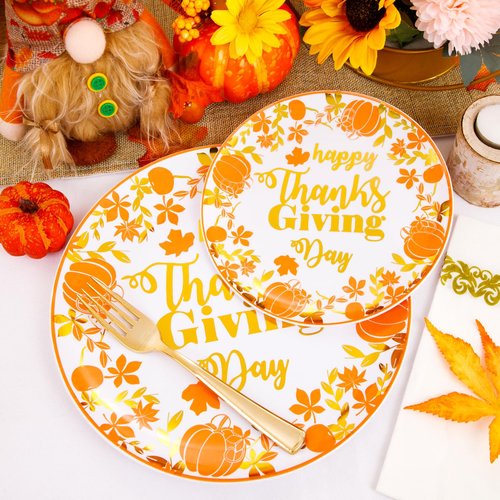 Supernal 175pcs Thanksgiving Plastic Dinnerware Set,Disposable Plates with Gold Plastic Silverware and Cups,Pumpkin and Maple Leaf Design for Thanksgiving Day Party