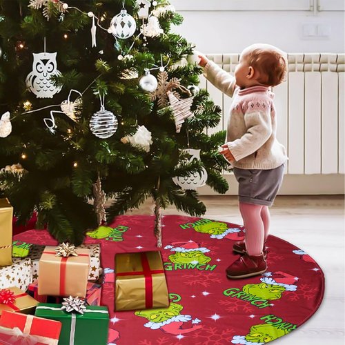 Christmas Tree Skirt 48 Inch,Large Red & Green Merry Christmas Tree Skirt Collar,Soft Farmhouse Xmas Holiday Decoration