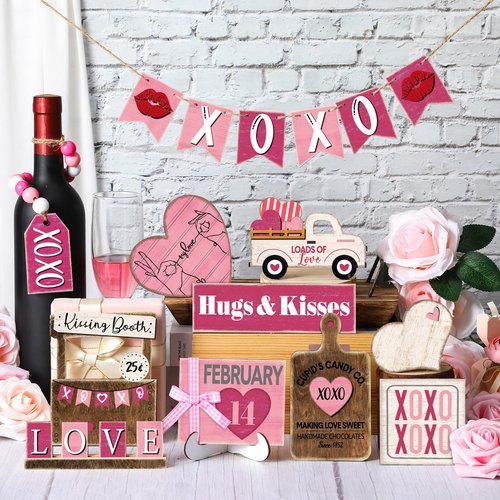 Marsui 19 Pcs Cute Retro Valentine's Day Tiered Tray Decor Set, Cartoon Pink Heart Wood Signs with Retro Be Mine My Love, Valentines Table Decor for Home Kitchen Living Room
