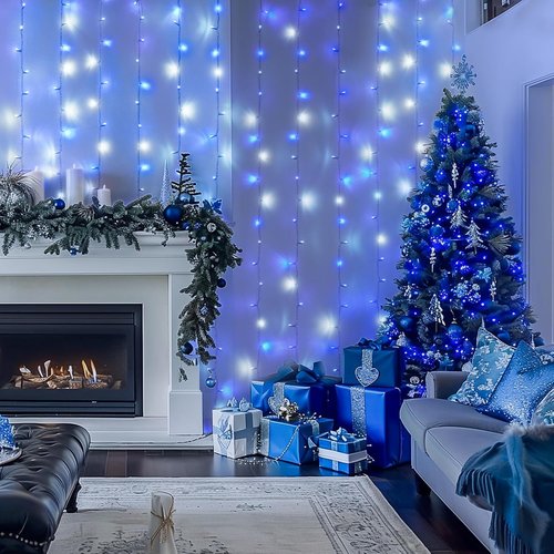 JMEXSUSS 300LED Christmas Curtain Lights - Remote Control Blue & White Fairy Lights | 9.8x9.8ft Indoor/Outdoor Decor