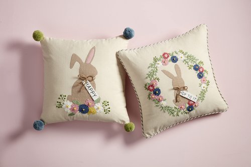 Mud Pie Bunny Embroidered Pillows, 19" x 18", Happy