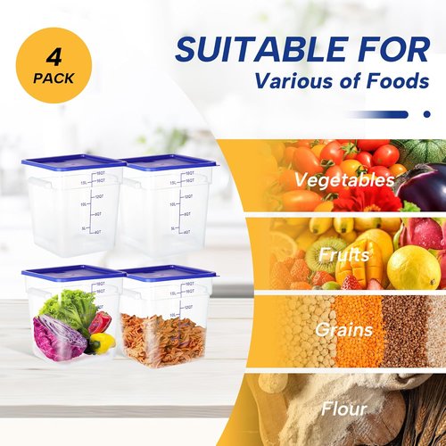Clear NSF Food Storage Containers - 18 Quart Square Set with Lids & Scale | 4 Pack Polycarbonate