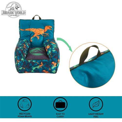 Jurassic World Kids Bean Bag Chair,Blue 18” x 18” Nylon Chair with Piping and Top Carry Handle, Lightweight & Portable Seating for Kids Room