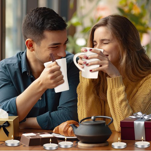 Honeydak 4 Set Chocolate Fondue Mug with Fork and Candle Sweet Ceramic Personal Chocolate Melting Cup Ideal Gifts for Birthday Date Night Birthday Wedding Gifts (White)