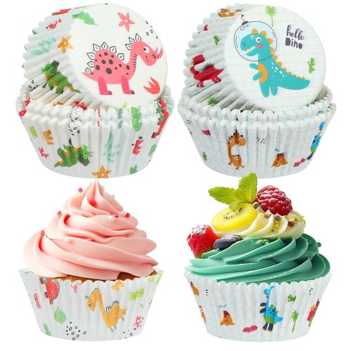Glavatrix Dinosaur Cupcake Liners,100 Counts Cartoon Dinosaur Muffin Liner Standard Paper Baking Cup Cupcake Wrappers for Baby Shower Gender Reveal Jungle Animal Themed Birthday Party Candy Cake Decor