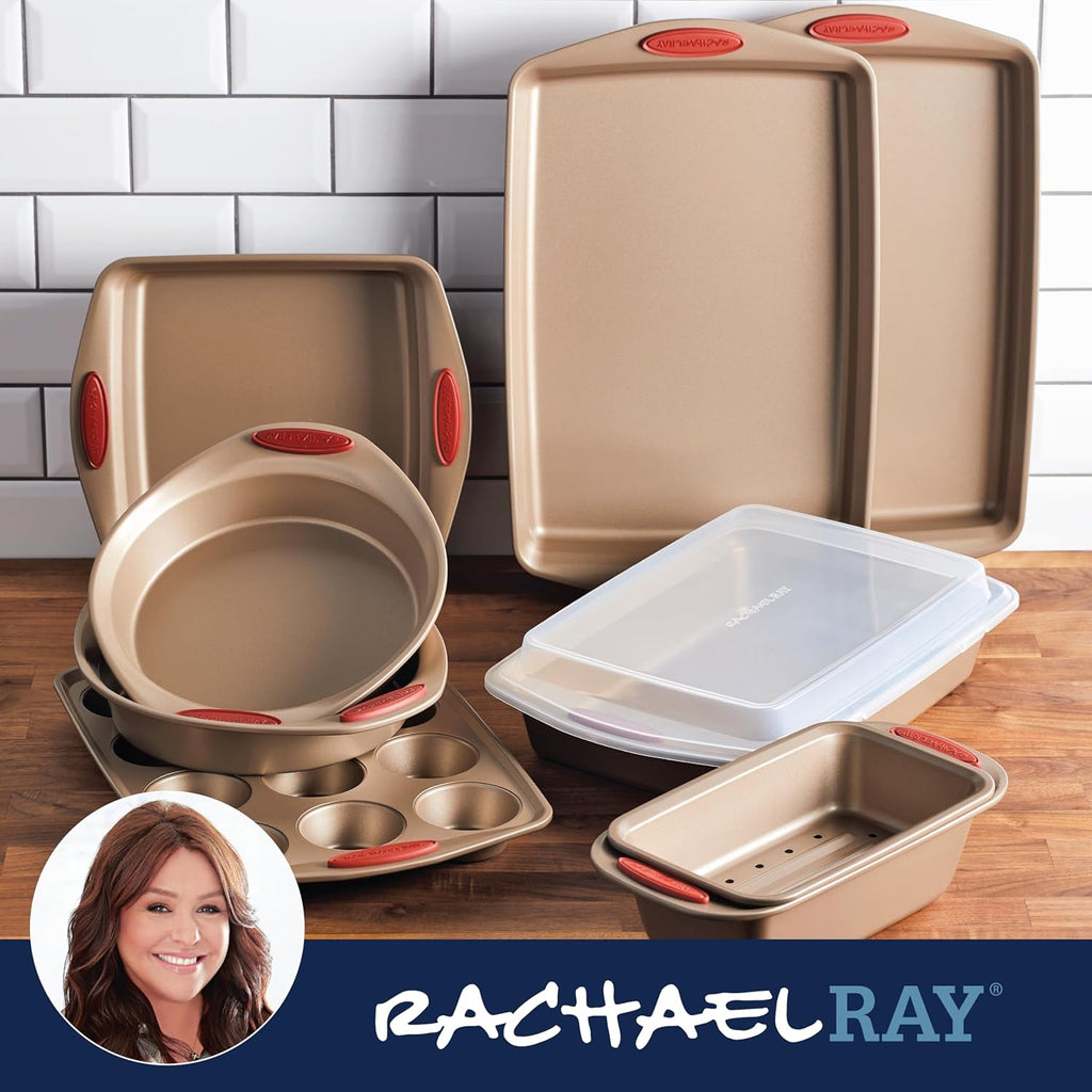 Rachael Ray Cucina Nonstick Bakeware Set - 10-Piece Baking Essentials in Latte Brown with Cranberry Red Grips