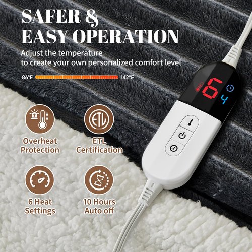 Easthome Electric Heated Blanket Queen Size Dual Control - 84"x90" Fast Heating Bed Blankets with 6 Heating Levels & 10 Hours Auto Off, Soft Ribbed Flannel, Over-Heat Protection ETL, Dark Gray