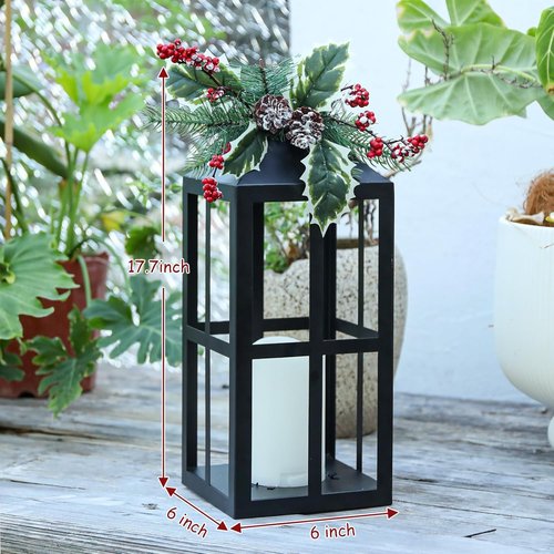 Bdor Christmas Lantern Decoration - 2 Pack with LED Flameless Candle, Pinecones & Holly Berries | Holiday Tabletop & Porch Decor