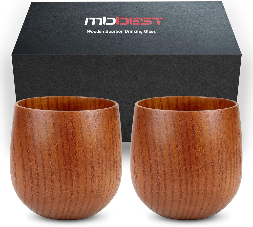 Handcrafted Wooden Whiskey Glasses Gift Set for Men – Set of 2 Old Fashioned Bourbon Cups with Luxury Gift Box | Break-Resistant, Unique Wood Grain | Idea Gifts for Father, Husband & Whiskey Lovers