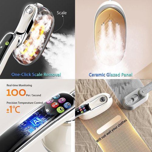 1200W Travel Clothes Steamer, 2-In-1 Handheld Steamer&Iron, 5+1 Intelligent Gear Ironing with Digital Display Screen, Self-Cleaning, 20S Heating, 160ml, Suitable for Home, Travel&Dorm (White)
