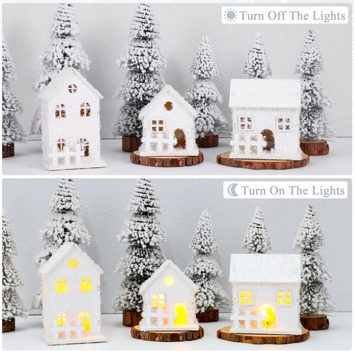 Cabilock Christmas Village Houses Set - 3PCS White Wood Snowflake Figurines with LED Lights | Holiday Tabletop Decor