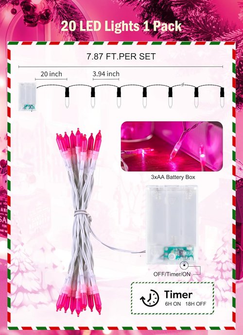 Brightown Christmas String Lights - 8ft Battery Operated 20 LED Mini Lights with Timer | Pink for Indoor/Outdoor Decor