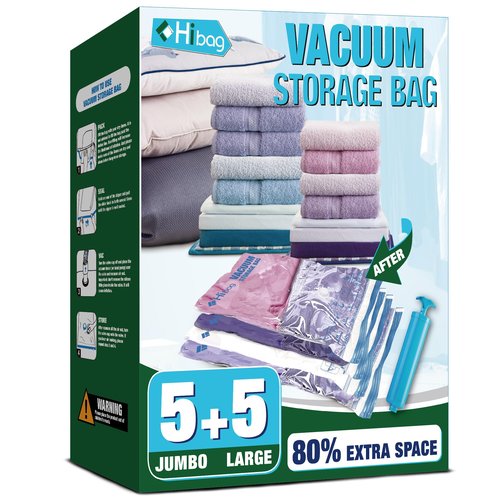 HIBAG Vacuum Storage Bags, 10 Space Saver Bags, Polyethylene (PE), Jumbo & Large Sizes, Zipper Closure, Vacuum Sealed, Ideal for Clothing & Bedding
