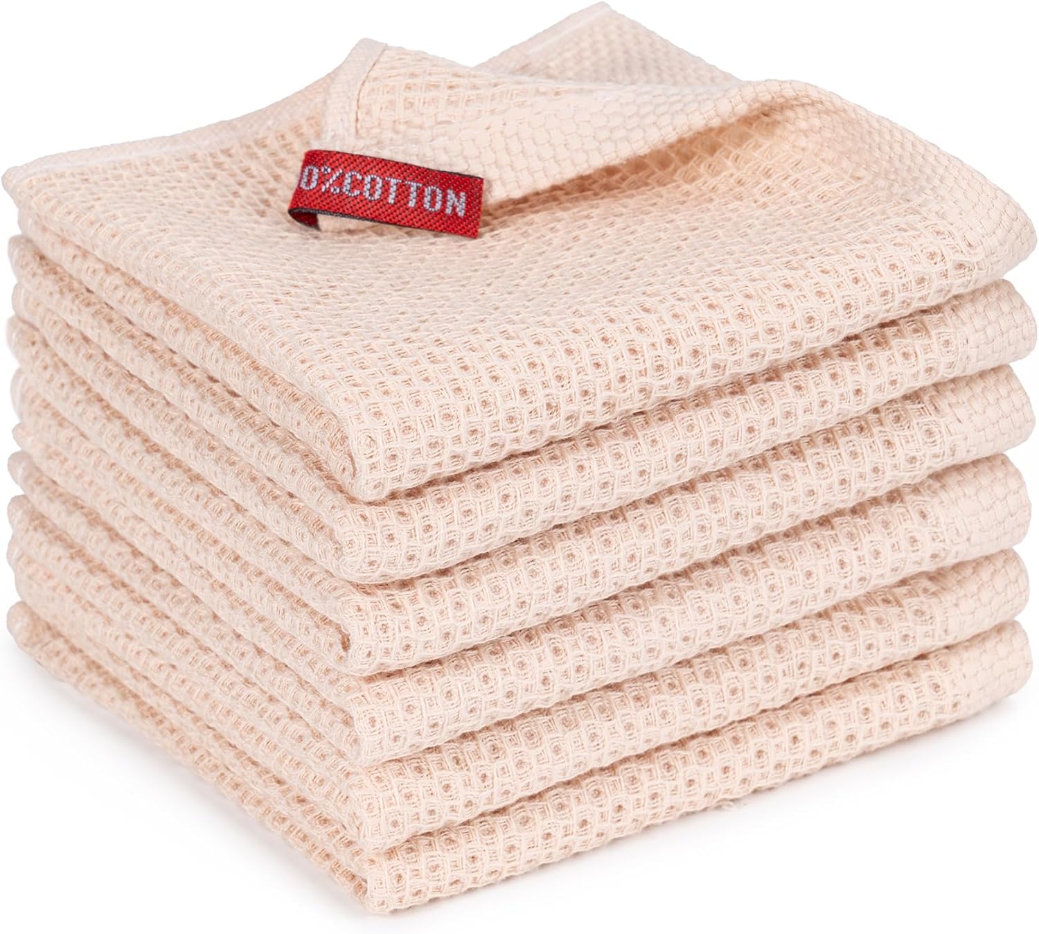 Skiennix Kitchen Dish Cloths - 100% Cotton Waffle Weave, Ultra Soft & Absorbent | 6-Pack, Beige, 12x12 Inches